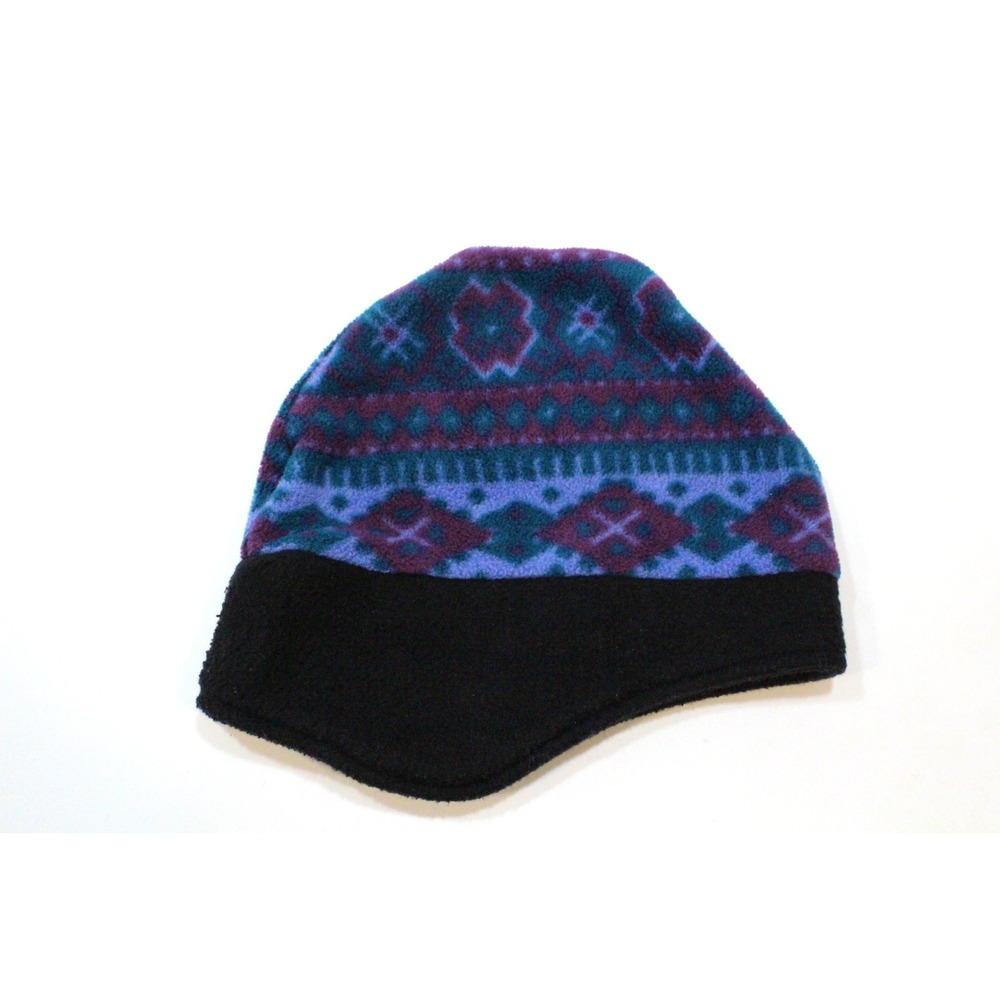 Vintage Strata Blue Purple Geometric Fleece Beanie Winter Hat‎ O/S Ear Flaps